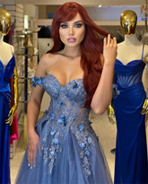 Grey-blue Glitter 3D Flowers Tulle Prom Dress